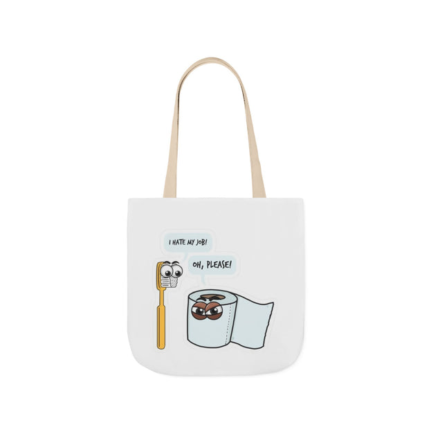 White tote bag with cartoon designs and text on a white background