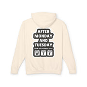 Beige hoodie with text design on a white background