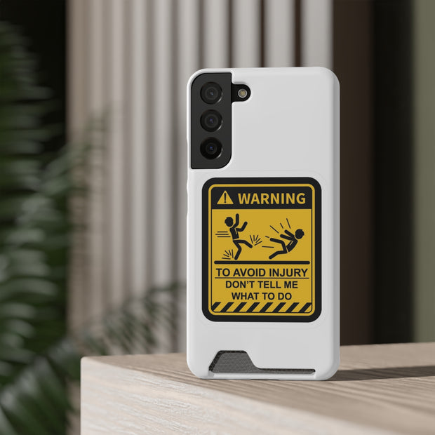 Vibrant Warning Phone Case with Card Holder featuring playful warning sign design for smartphone protection.