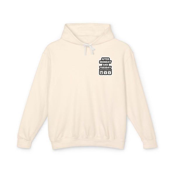 Beige hoodie with text design on a white background