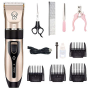 Dog hair clipper set with ceramic blade, scissors, comb, nail clippers, oil, and charging cable for pet grooming.