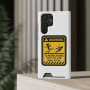 Vibrant Warning Phone Case with Card Holder featuring playful warning sign design for smartphone protection.