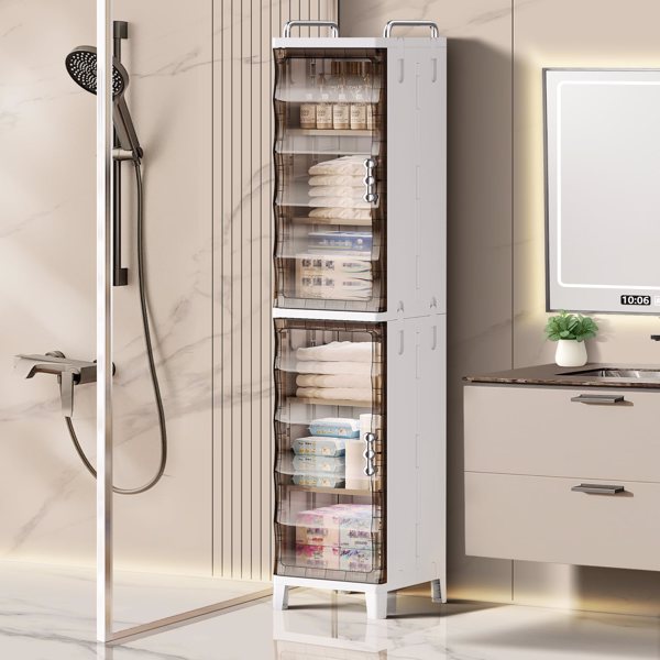 Tall vertical cabinet in a bathroom with neatly arranged towels and toiletries.