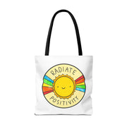 Tote bag with a sun design and 'Radiate Positivity' text on a white background