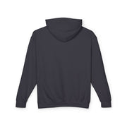 Back view of a dark gray hoodie on a white background