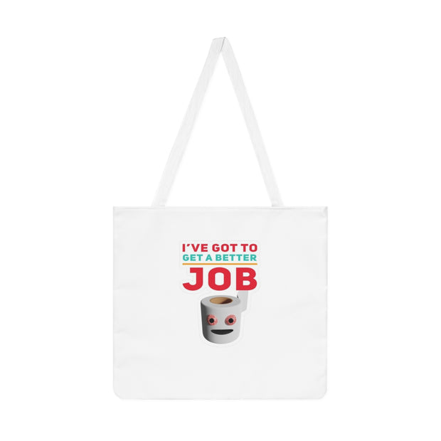 White tote bag with humorous text and cartoon character on a white background