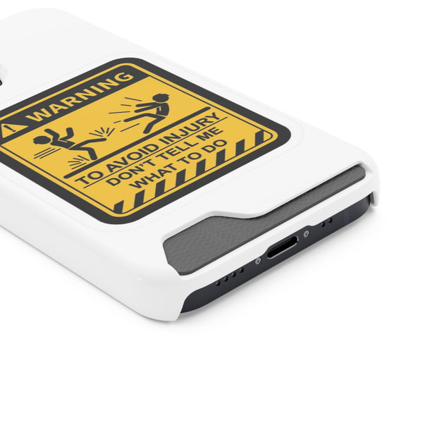 Vibrant Warning Phone Case with Card Holder featuring playful warning sign design for smartphone protection.