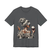 Gray t-shirt with a graphic of a woman holding a glass of wine on a white background