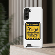 Vibrant Warning Phone Case with Card Holder featuring playful warning sign design for smartphone protection.
