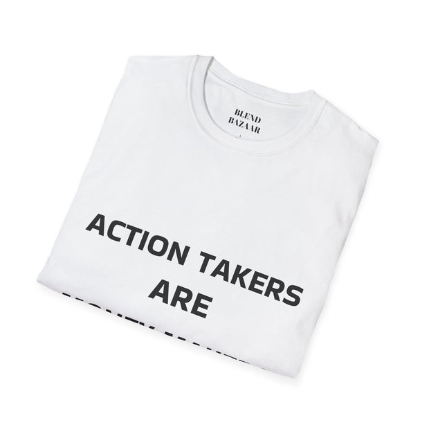White t-shirt with text 'ACTION TAKERS ARE' on a white background