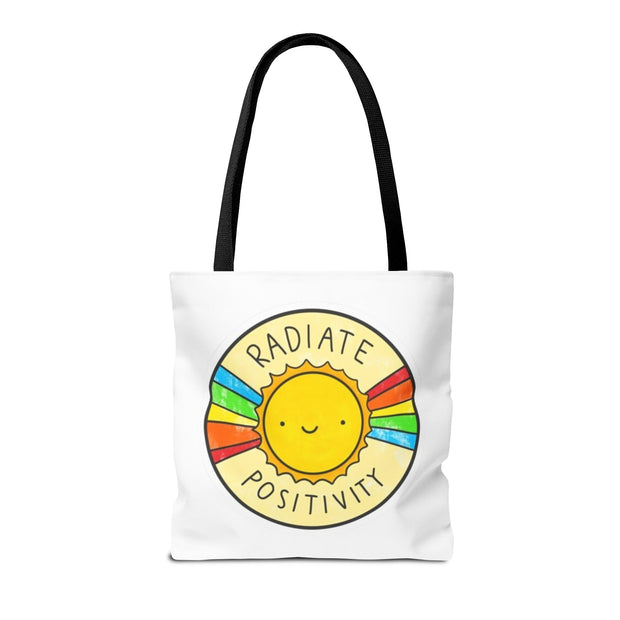 Tote bag with a sun design and 'Radiate Positivity' text on a white background
