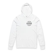 White hoodie with black text on a white background