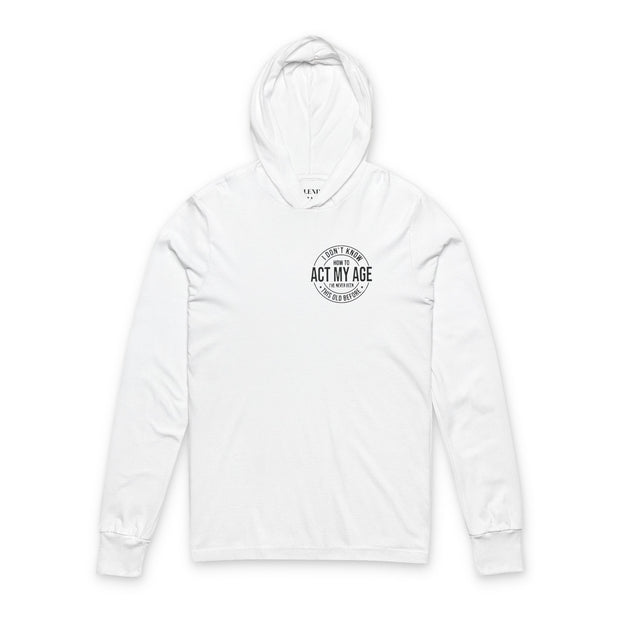 White hoodie with black text on a white background