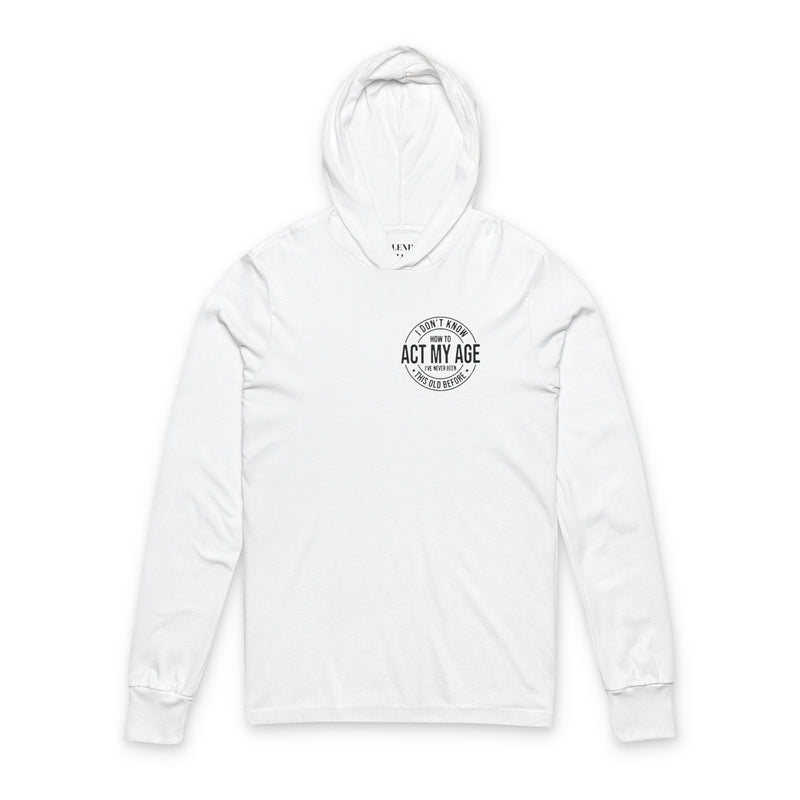 White hoodie with black text on a white background