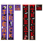 Halloween-themed decorative banners with 'Treat' or 'Trick' text on a white background.