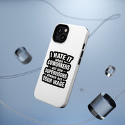 Phone case with humorous text design on a clear background