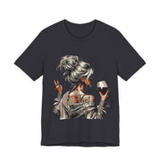 Black t-shirt with a graphic of a woman holding a glass of wine on a white background