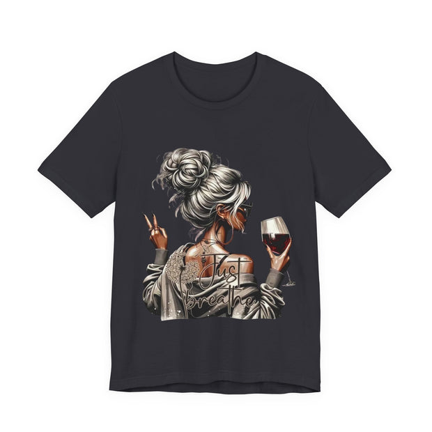 Black t-shirt with a graphic of a woman holding a glass of wine on a white background