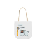 White tote bag with cartoon designs of a toothbrush and toilet paper on a white background