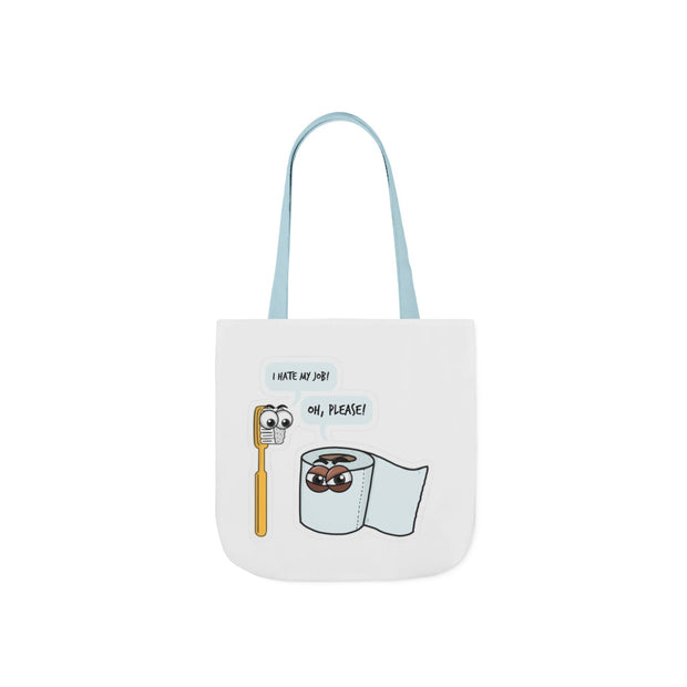 White tote bag with cartoon designs of a toothbrush and toilet paper on a white background