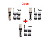 Dog hair clipper set with three trimmers and multiple comb attachments for precise grooming.