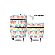 Two colorful striped bags with wheels and an adjustable strap on a white background.