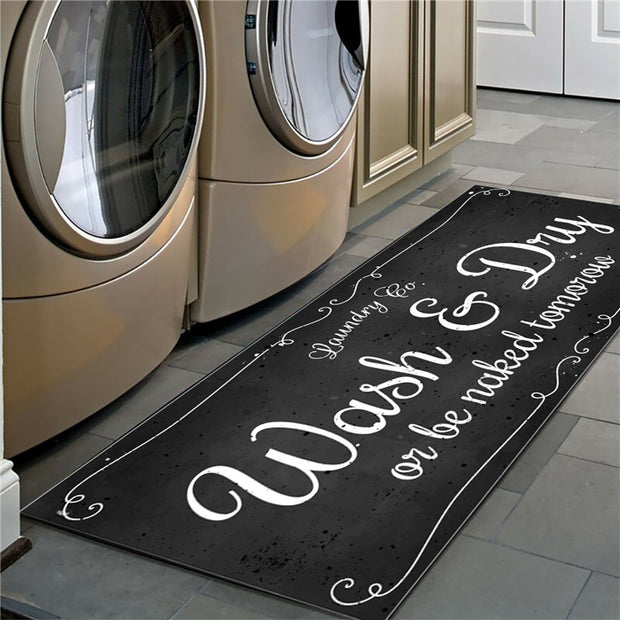 Laundry mat with humorous text in front of washing machines