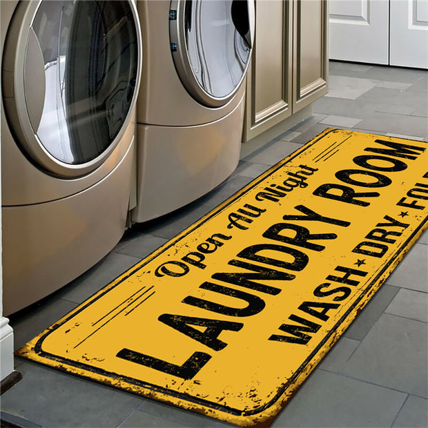 Laundry room mat with text in front of washing machines