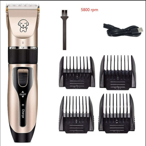 Dog hair clipper featuring sharp blade, 5800 RPM motor, USB charging cable, and 4 positioning combs.