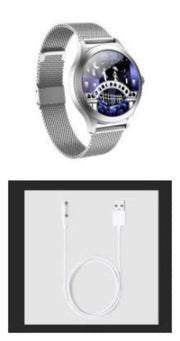 Smartwatch with a metal band and charging cable on a white background