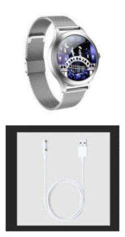 Smartwatch with a metal band and charging cable on a white background