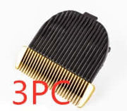 Three-piece dog hair clipper attachment with gold and black design for precise grooming.
