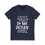 Navy blue t-shirt with white text on a white background