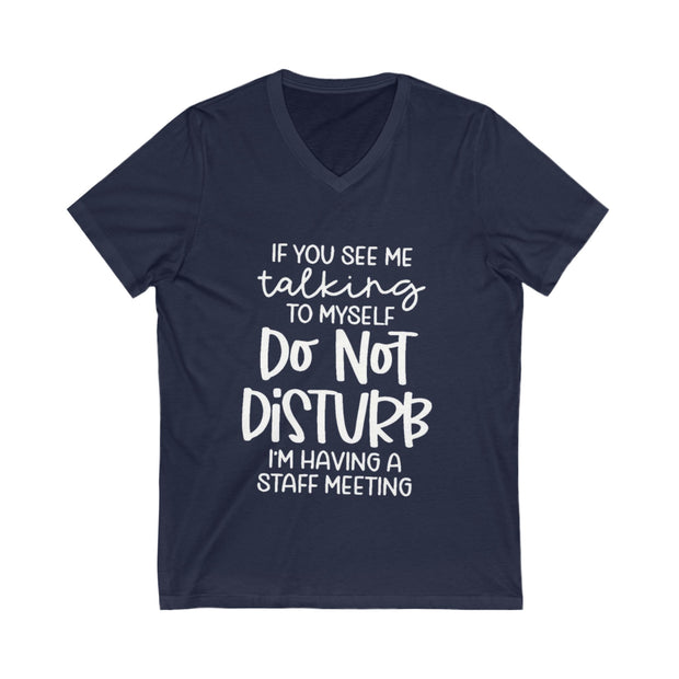 Navy blue t-shirt with white text on a white background