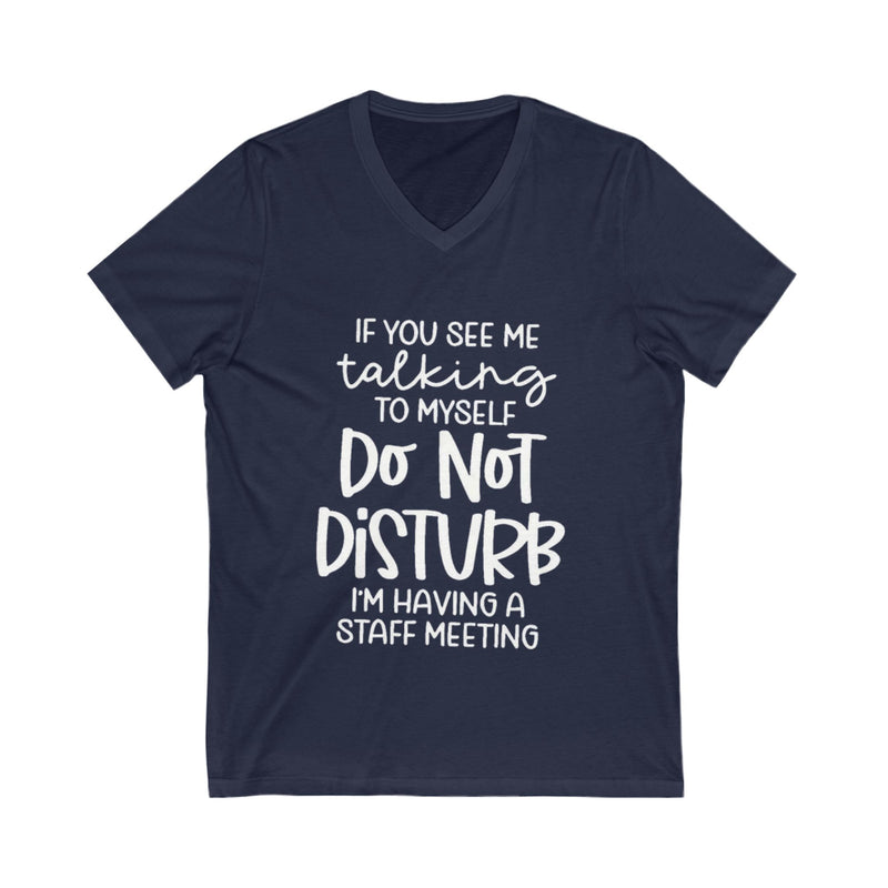 Navy blue t-shirt with white text on a white background