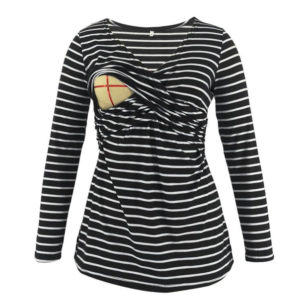 Black and white striped long-sleeve top with a geometric design on a white background