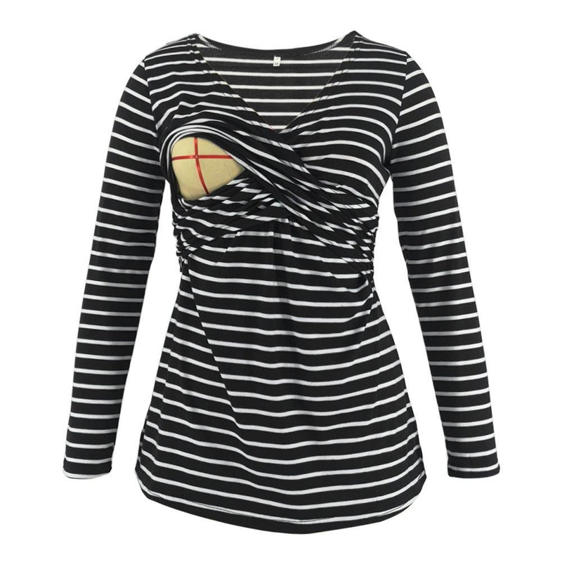Black and white striped long-sleeve top with a geometric design on a white background
