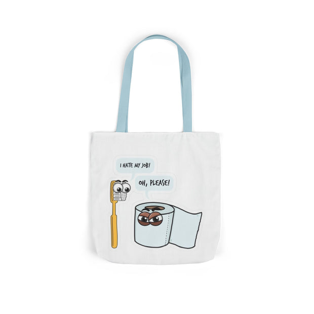 White tote bag with cartoon toothbrush and toilet paper design on a white background