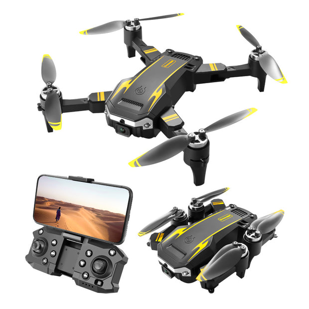 Black and yellow drone with smartphone app interface on a white background
