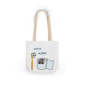 Tote bag with cartoon toothbrush and toilet paper design on a white background
