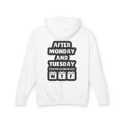 White hoodie with black text on a white background