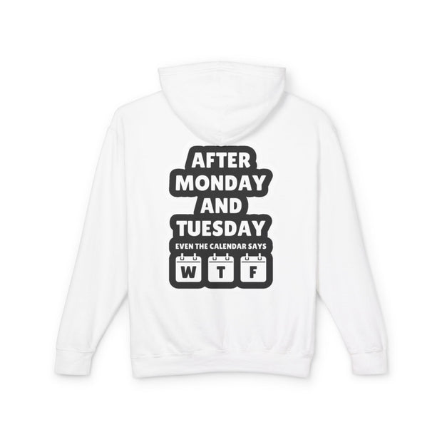 White hoodie with black text on a white background