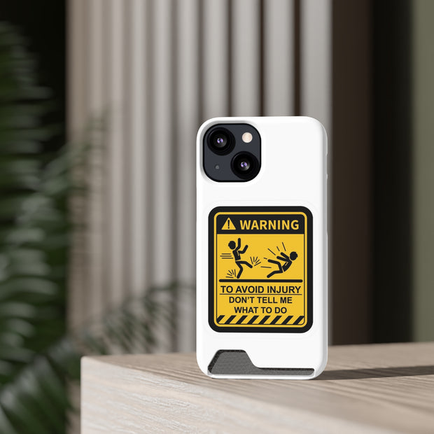 Vibrant Warning Phone Case with Card Holder featuring playful warning sign design for smartphone protection.