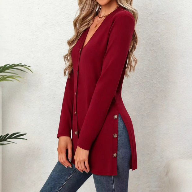 Mid-Length Knitted Cardigan with Multi-Buckle Design