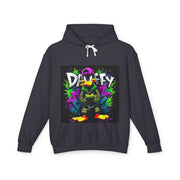 Black hoodie with colorful graphic design on a white background