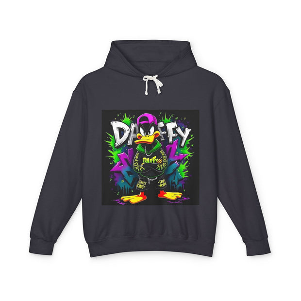 Black hoodie with colorful graphic design on a white background