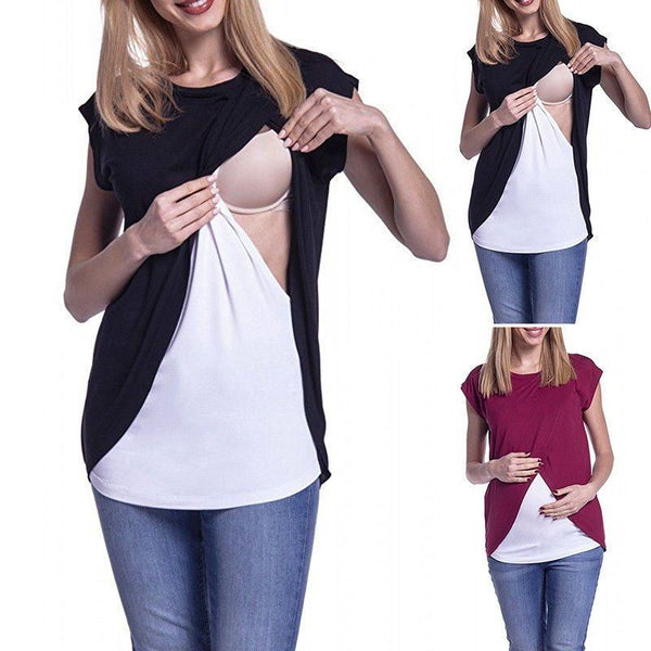 Woman wearing a black and white top with a unique design, shown from different angles.