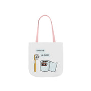 White tote bag with cartoon designs of a toothbrush and toilet paper on a white background
