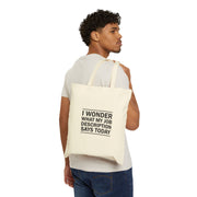 Man carrying a tote bag with text on a white background