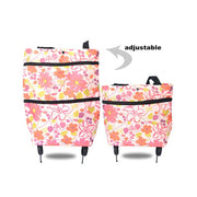 Two floral-patterned bags with wheels on a white background, labeled 'adjustable'.